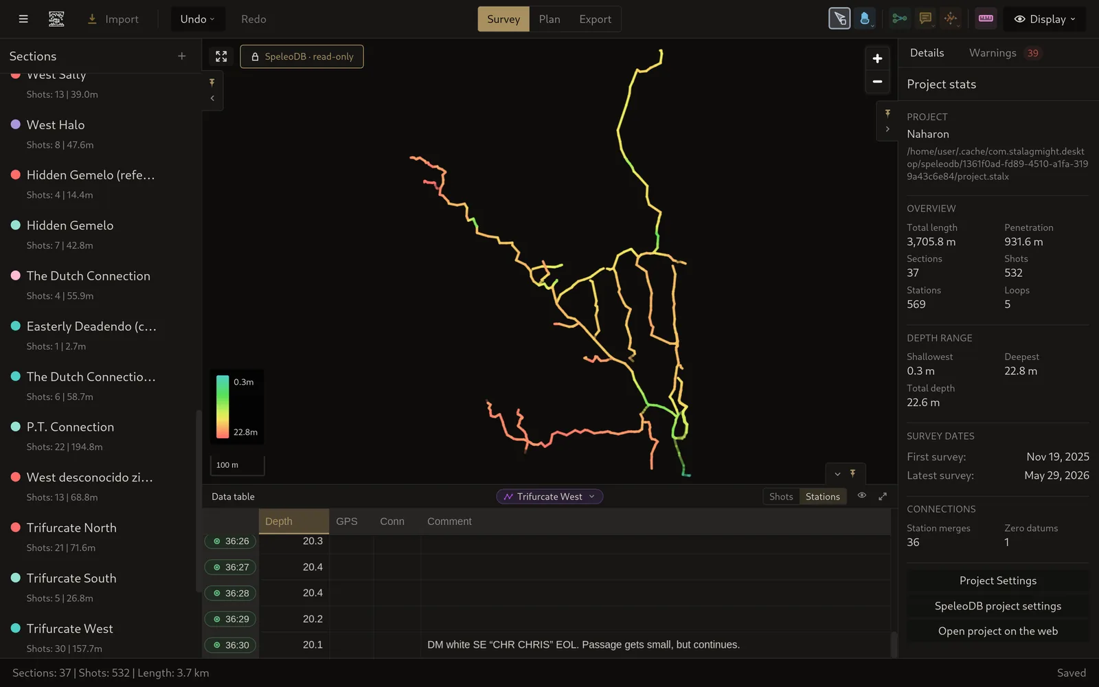 StalagMight showing a 3.7 km survey of Naharon coloured by depth, with project statistics and the shot table.