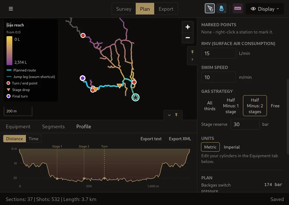 Plan mode: stations shaded by the gas needed to reach them, a route set from start point to endpoint, stage drops assigned, and the resulting depth profile with turn point.