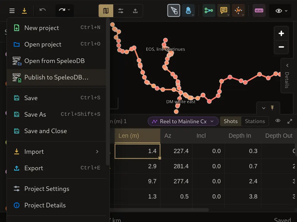 Publishing a project to SpeleoDB, taking the write lock to edit, uploading the changes, and browsing the revision history with revert options.